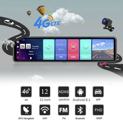 Android 8.1 4G Rétroviseur 1080P Full Hd Voiture DVR Véhicule Blackbox 12 Pouces Double Lentille