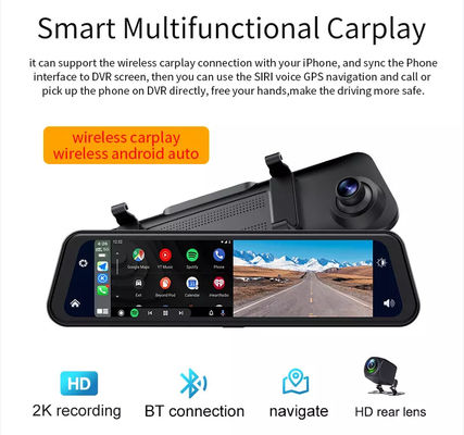 2K 1080P Android Carplay sans fil Tableau de bord Dash Cam Écran tactile 12 pouces